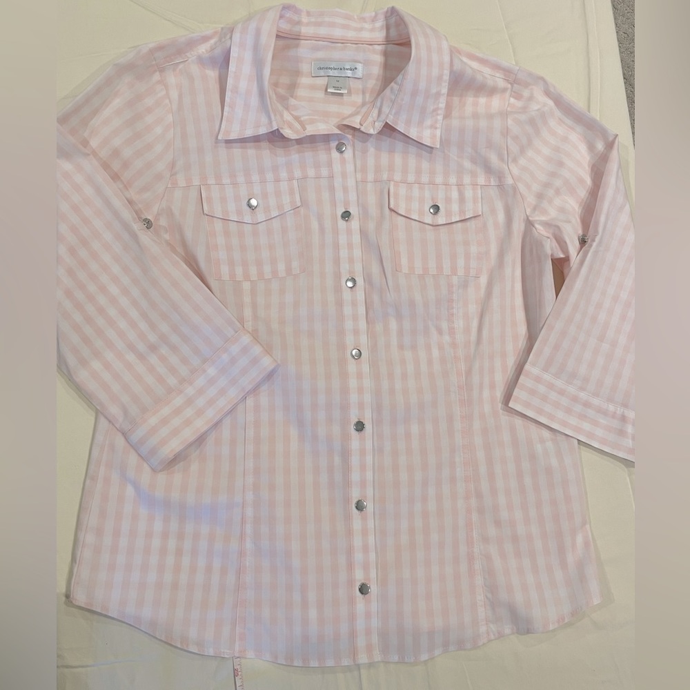 Christopher & Banks Womens M Pink/White Gingham Button Down 3/4 Sleeve Blouse
